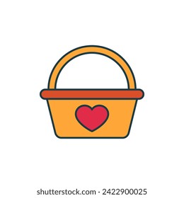 Basket icon with red heart symbol. Color vector. 