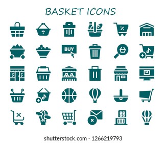  basket icon set. 30 filled basket icons. Simple modern icons about  - Basket, Shopping basket, Trash, Picnic, Shopping cart, Supermarket, Trolley, Fruit bowl, Buy, Online shop