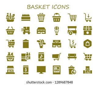  basket icon set. 30 filled basket icons. Simple modern icons about  - Picnic, Store, Waste, Shopping basket, Shopping cart, Trolley, Shop, Hot air balloon, Cart, Garbage, Shopping