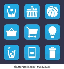 Basket icon. set of 9 filled basket icons such as trash bin, air balloon, shopping cart, shopping bag, basketball