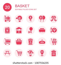 basket icon set. Collection of 20 filled basket icons included Trolley, Hot air balloon, Balloon, Picnic, Waste, Mall, Ballon, Shop, Shopping cart, Shopping basket, Trash