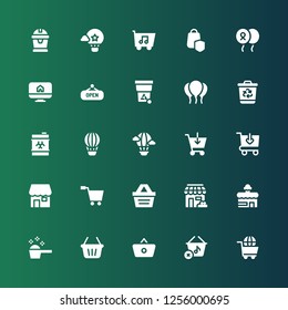 basket icon set. Collection of 25 filled basket icons included Shopping cart, Shopping basket, Detergent, Shop, Store, Buy online, Hot air balloon, Waste, Recycling bin, Balloons