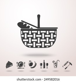 Basket icon with shadow and other picnic icons - basket, plate with spoon, sandwich, wine, glass with cocktail, apple and banana, BBQ. Vector