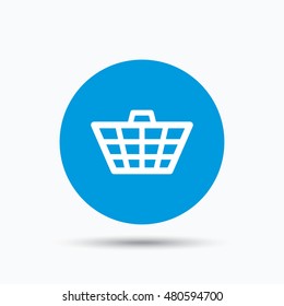 Basket icon. Shopping cart symbol. Blue circle button with flat web icon. Vector