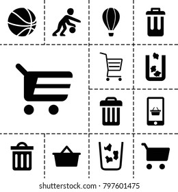 Basket icons. set of 13 editable filled basket icons such as trash bin, shopping cart, shopping bag, delete trash bin, bin, basketball player, online shopping, air balloon