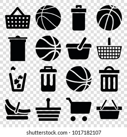 Basket icons. set of 16 editable filled basket icons such as trash bin, shopping basket, shopping cart, shopping bag, delete trash bin