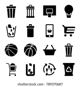 Basket icons. set of 16 editable filled basket icons such as harvest, trash bin, recycle bin, shopping basket, shopping cart, air balloon