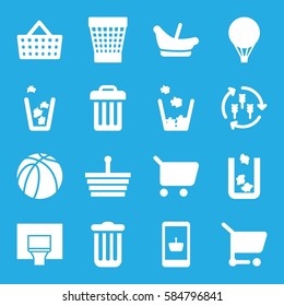 basket icons set. Set of 16 basket filled icons such as harvest, trash bin, baby basket, air balloon, shopping cart