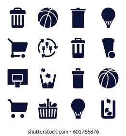basket icons set. Set of 16 basket filled icons such as harvest, trash bin, basketball, bin, basketball basket, air balloon, shopping cart