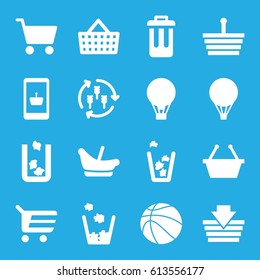 Basket icons set. set of 16 basket filled icons such as harvest, trash bin, baby basket, bin, shopping cart, air balloon