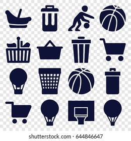Basket icons set. set of 16 basket filled icons such as trash bin, baby basket, basketball, bin, shopping cart, air balloon