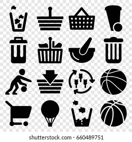 Basket icons set. set of 16 basket filled icons such as harvest, trash bin, basketball, bucket, bin, basketball player, air balloon, shopping cart, shopping bag