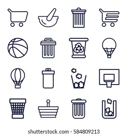 basket icons set. Set of 16 basket outline icons such as trash bin, recycle bin, bucket, air balloon, basketball basket