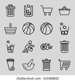 Basket icons set. set of 16 basket outline icons such as trash bin, basketball, bucket, shopping cart, basketball player, shopping basket