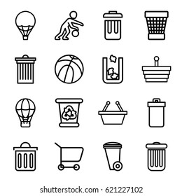 Basket icons set. set of 16 basket outline icons such as trash bin, recycle bin, air balloon, basketball player, shopping basket, basketball