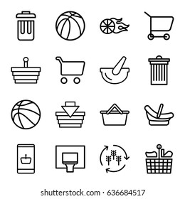 Basket icons set. set of 16 basket outline icons such as harvest, baby basket, trash bin, bucket, bin