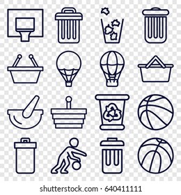 Basket icons set. set of 16 basket outline icons such as trash bin, recycle bin, bucket, bin, air balloon, basketball basket, basketball player