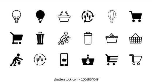 Basket icons. set of 18 editable filled and outline basket icons: harvest, shopping cart, basketball player, air balloon, trash bin