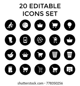 Basket icons. set of 20 editable filled basket icons such as harvest, trash bin, shopping cart, online shopping, bucket. best quality basket elements in trendy style.