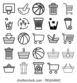 Basket icons. set of 25 editable outline basket icons such as trash bin, harvest, baby basket, recycle bin, shopping cart, shopping bag