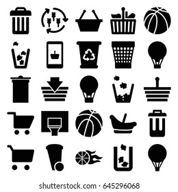 Basket icons set. set of 25 basket filled icons such as harvest, trash bin, baby basket, recycle bin, bin, shopping cart, air balloon