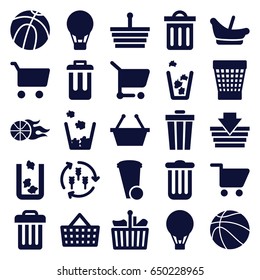 Basket icons set. set of 25 basket filled icons such as harvest, trash bin, baby basket, delete trash bin, bin, shopping cart, air balloon