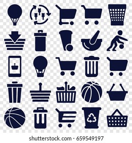 Basket icons set. set of 25 basket filled icons such as harvest, trash bin, recycle bin, basketball, bucket, bin, basketball player, shopping cart, air balloon
