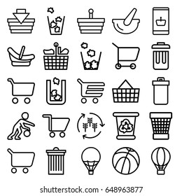 Basket icons set. set of 25 basket outline icons such as trash bin, harvest, baby basket, recycle bin, bucket, bin, shopping cart, air balloon