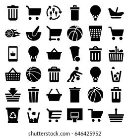 Basket icons set. set of 36 basket filled icons such as harvest, trash bin, baby basket, recycle bin, basketball, bucket, shopping cart, air balloon