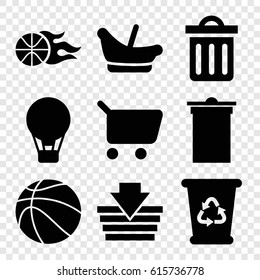 Basket icons set. set of 9 basket filled icons such as baby basket, trash bin, recycle bin, delete trash bin, air balloon