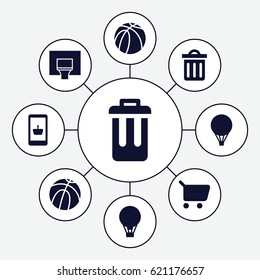 Basket icons set. set of 9 basket filled icons such as basketball, delete trash bin, bin, basketball basket, air balloon, shopping cart