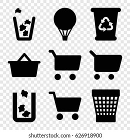 Basket icons set. set of 9 basket filled icons such as trash bin, recycle bin, shopping cart, air balloon