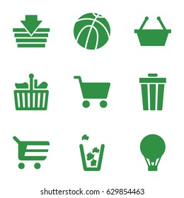 Basket icons set. set of 9 basket filled icons such as trash bin, shopping cart, air balloon, shopping bag, basketball