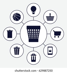Basket icons set. set of 9 basket filled icons such as trash bin, bin, basketball, air balloon, shopping basket, shopping cart