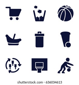 Basket icons set. set of 9 basket filled icons such as harvest, trash bin, baby basket, basketball