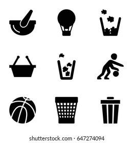 Basket icons set. set of 9 basket filled icons such as trash bin, bucket, basketball player, air balloon, basketball