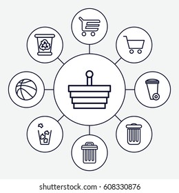 Basket icons set. set of 9 basket outline icons such as trash bin, recycle bin, shopping cart, basketball