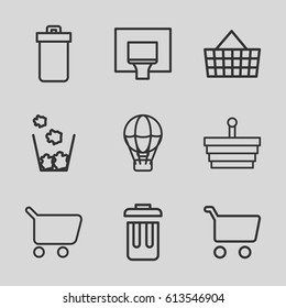 Basket icons set. set of 9 basket outline icons such as trash bin, bin, shopping cart, air balloon
