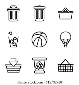 Basket icons set. set of 9 basket outline icons such as recycle bin, trash bin, air balloon, shopping basket, basketball