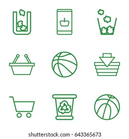 Basket icons set. set of 9 basket outline icons such as trash bin, recycle bin, shopping cart, basketball, shopping basket