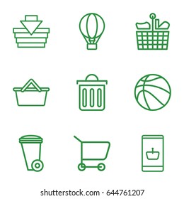 Basket icons set. set of 9 basket outline icons such as trash bin, delete trash bin, air balloon, basketball, shopping basket