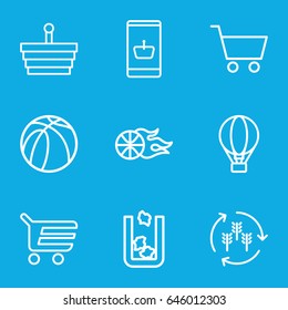 Basket icons set. set of 9 basket outline icons such as trash bin, harvest, basketball, shopping cart, air balloon, shopping basket
