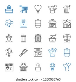 basket icons set. Collection of basket with ballons, hot air balloon, detergent, upermarket, online shop, trolley, store, pet brush, shop. Editable and scalable basket icons.