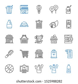 basket icons set. Collection of basket with detergent, online shopping, basketball, shopping list, paper bin, shop, carts, pet brush, online shop. Editable and scalable basket icons.