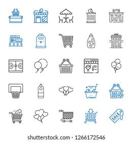 basket icons set. Collection of basket with supermarket, shopping cart, balloons, e commerce, laundry, detergent, basketball, online shop. Editable and scalable basket icons.