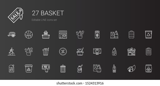 basket icons set. Collection of basket with supermarket, detergent, garbage, mobile shopping, waste, online shop, laundry, promotions, trash. Editable and scalable basket icons.