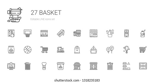 basket icons set. Collection of basket with trash, store, clothing shop, waste, hot air balloon, recycle bin, online shopping, balloon, laundry. Editable and scalable basket icons.