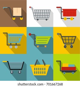 Basket icons set. Flatset of 9 basket vector icons for web with long shadow