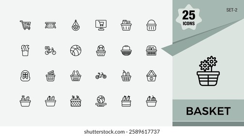 Basket icons set in linear style. Icons purchase, checkout, graphic, buy, card, e-commerce, delivery and more. Line symbol. Editable stroke icon collections.