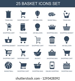 basket icons. Trendy 25 basket icons. Contain icons such as trash bin, shopping cart, air balloon, basketball, shopping bag, shopping basket, bucket. icon for web and mobile.